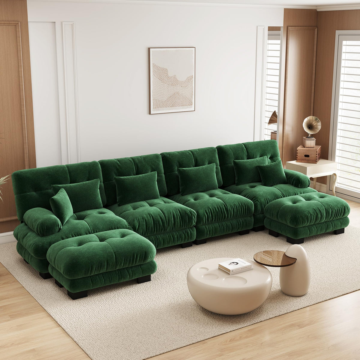 Velvet Modular Sectional Sofa,130" W Oversized U Shape Cloud Couch with 2 Ottomans,Free Combined 3 Seater Comfy Sofa with Bolster Armrest Pillows,Green for Living Room