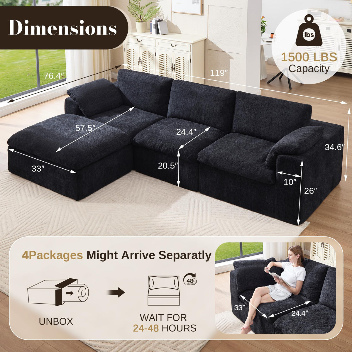 120" Cloud Modular Sectional Sofa, No-Assembly Chenille Couch, Black