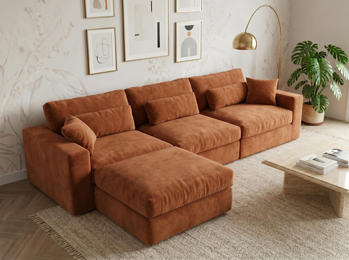 Vipbear 160" Oversized Modular Sectional Sofa, Boneless Couch for Living Room, Modern Comfy 7 Seat V Shaped Cloud Couch Sectional with Ottoman, Lumbar Pillows, 26.8" Extra Deep Seat,Terracotta Orange
