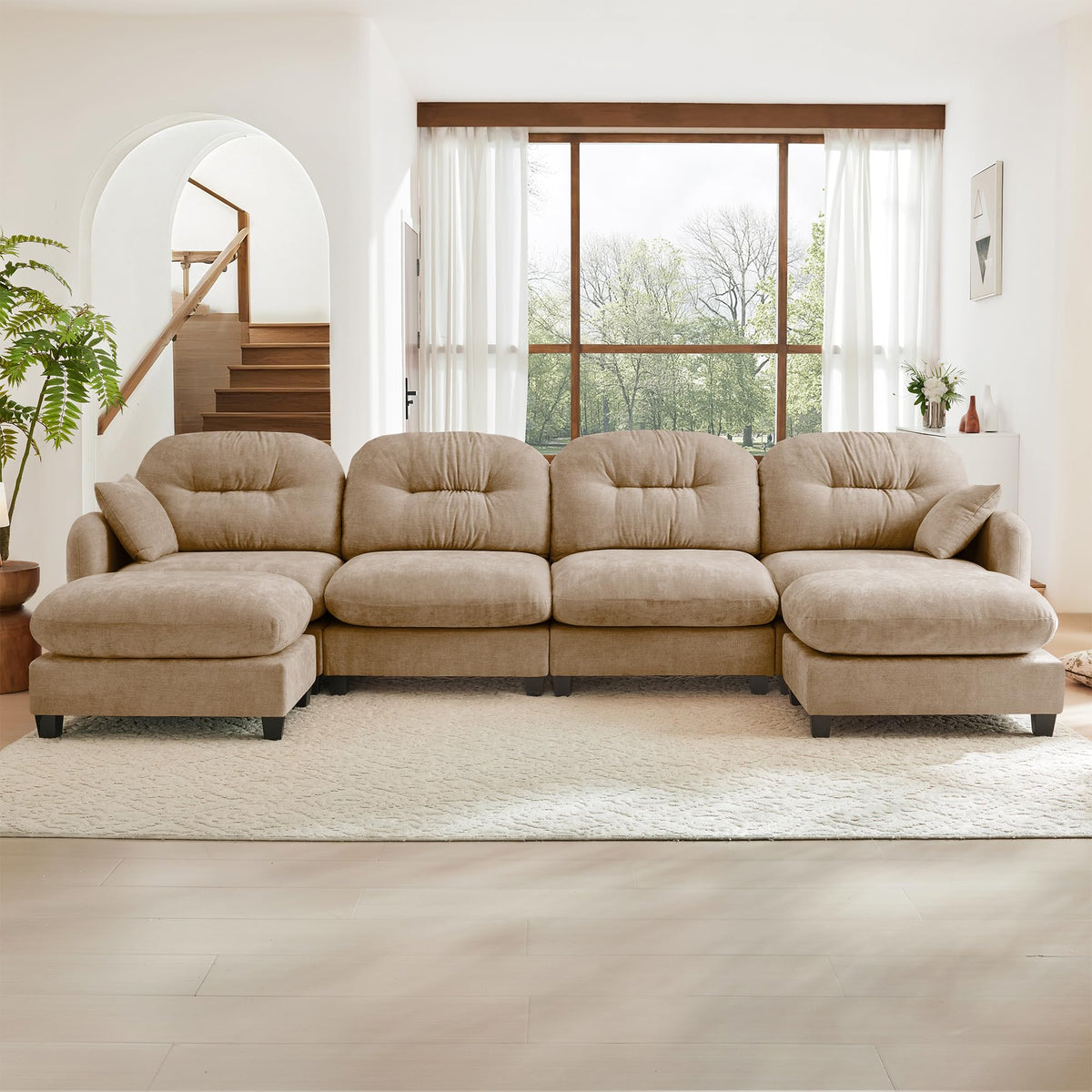 107" Modular Sectional Sofa, Comfy U Shaped Cloud Couch with Ottoman, Chenille Sofa Sleeper Deep Seat Sofas with Throw Pillows for Apartment-Camel