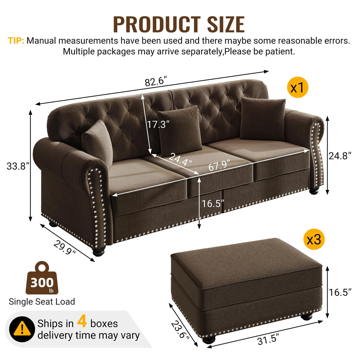 Velvet Chesterfield Sofa with Rolled Arms & Nailhead Trim, Modular Sectional Sofa Couches, Modern Cloud Sofa with Button Tufted, for Living Room, Bedroom, Small Space (Brown, 3 Seat+3 Ottoman)
