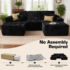 106" Cloud Sectional Couch with L-Shape Chaise & Ottoman, No Assembly Modular Sofa, Deep Seat Plush Corduroy Boneless Couched for Living Room (Black Plush Corduroy, L Shape with Ottoman-Left Facing)