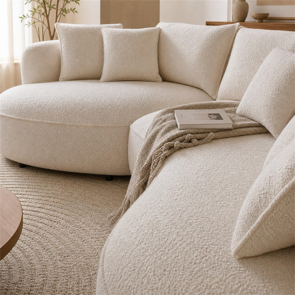 124.8" Beige Curved Boucle Sectional Sofa, 5 Seat Left Facing Chaise