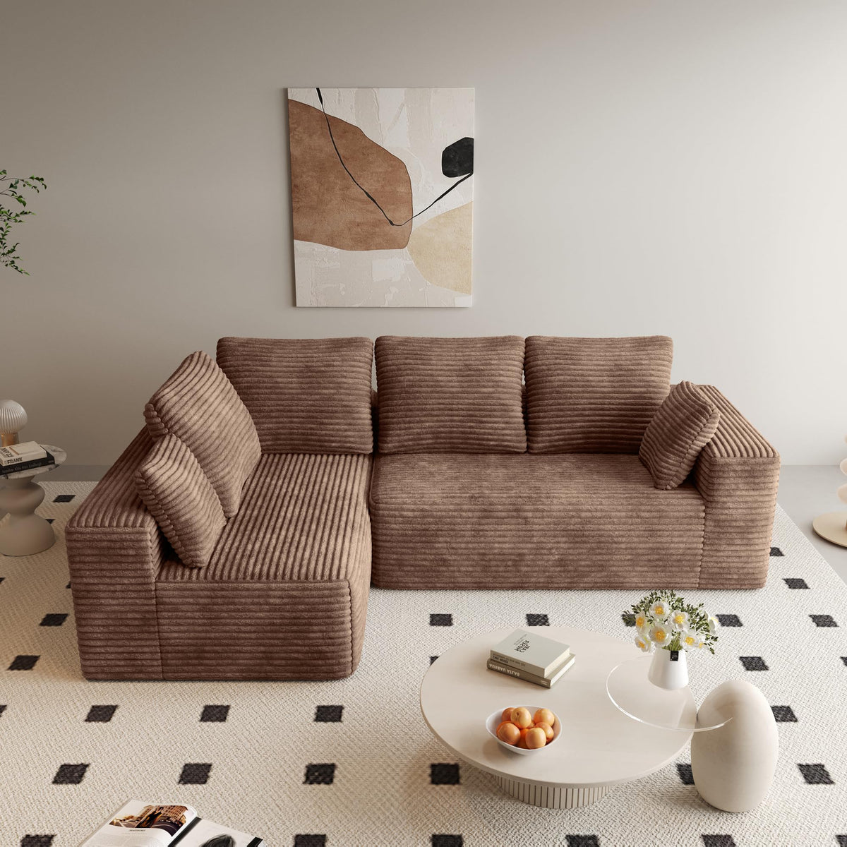 134 Inch Oversized Boneless Sofa Bed, Fluffy Corduroy Sleeper Sofa for Apartment Bedroom Living Room, Comfy Modular Cloud Sectional Couch, Boneless Couch, No Assembly, Brown