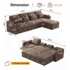 108" L Shaped Sleeper Sofa Bed,3 in 1 Pull Out Chenille Convertible Sectional Couch With Storage&Reclining Backrest For Living Room With USB|Type-C Port|Foldable Table|Cup Holder|Side Pocket,Khaki
