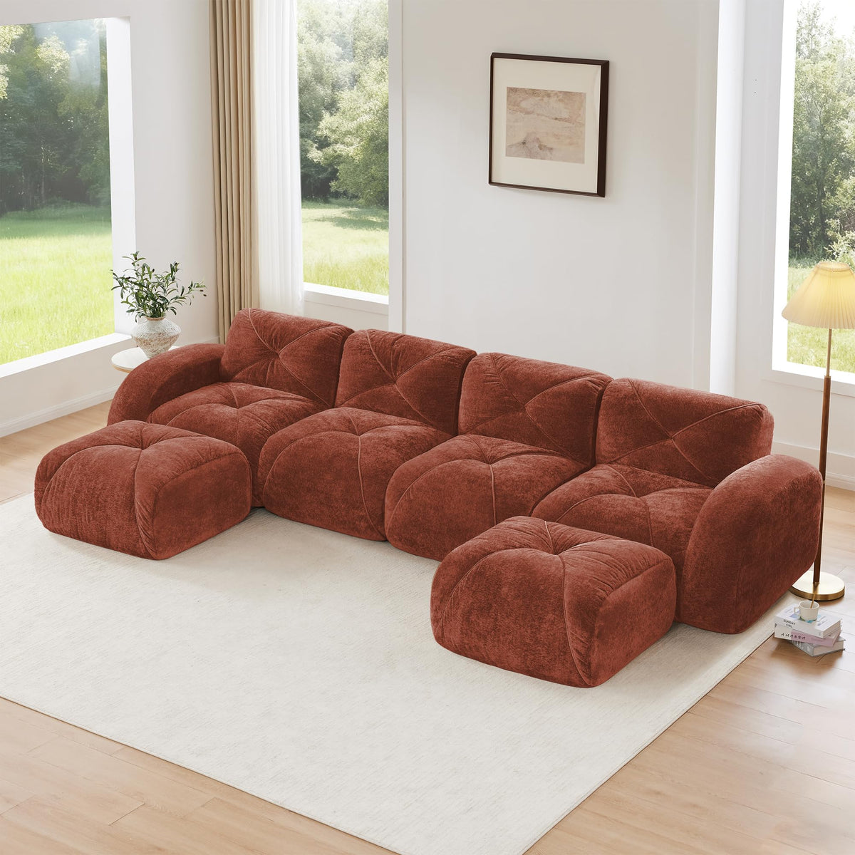 U-Shaped Boneless Sofa, Tufted 32d High Density Sponge Bottom, Anti-Slip Design, No Assembly Required, Free Combination, Movable Ottomans for Living Rooms, Home Theater, Blue