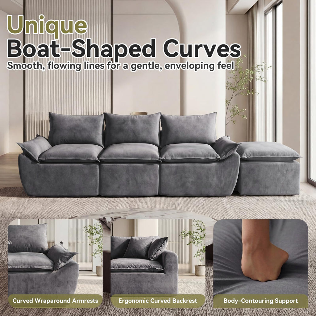 108" Modular Sectional Sofa, 3-Seater Cloud Couch with Moveable Ottoman, L-Shaped Boneless Sofa, Deep Seat Comfy Couches for Living Room Bedroom, No Assembly Required, Gray