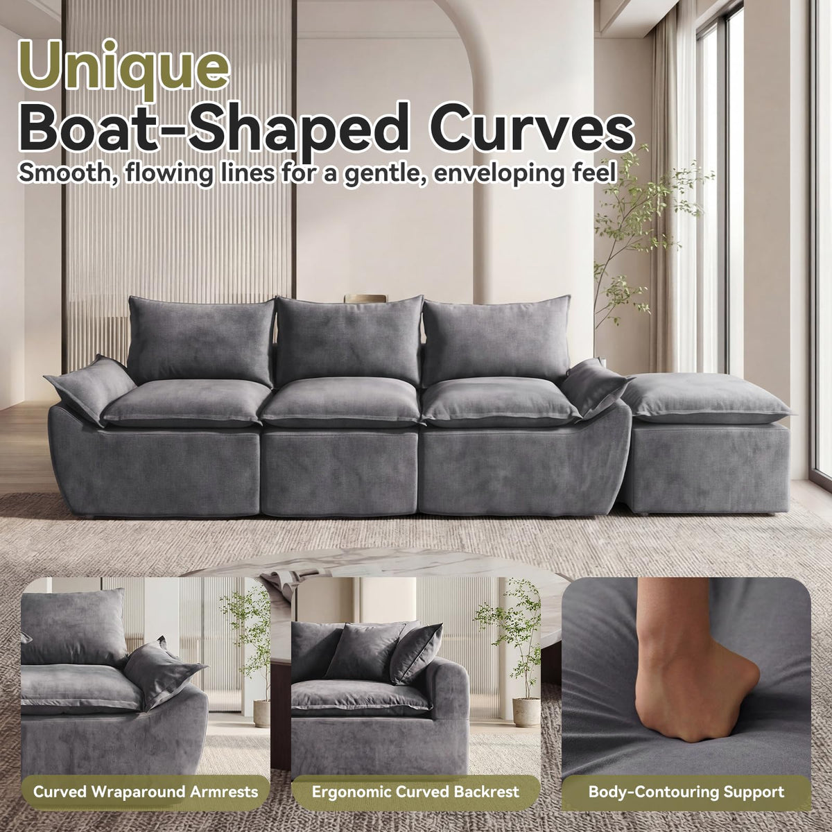 108" Modular Sectional Sofa, 3-Seater Cloud Couch with Moveable Ottoman, L-Shaped Boneless Sofa, Deep Seat Comfy Couches for Living Room Bedroom, No Assembly Required, Gray