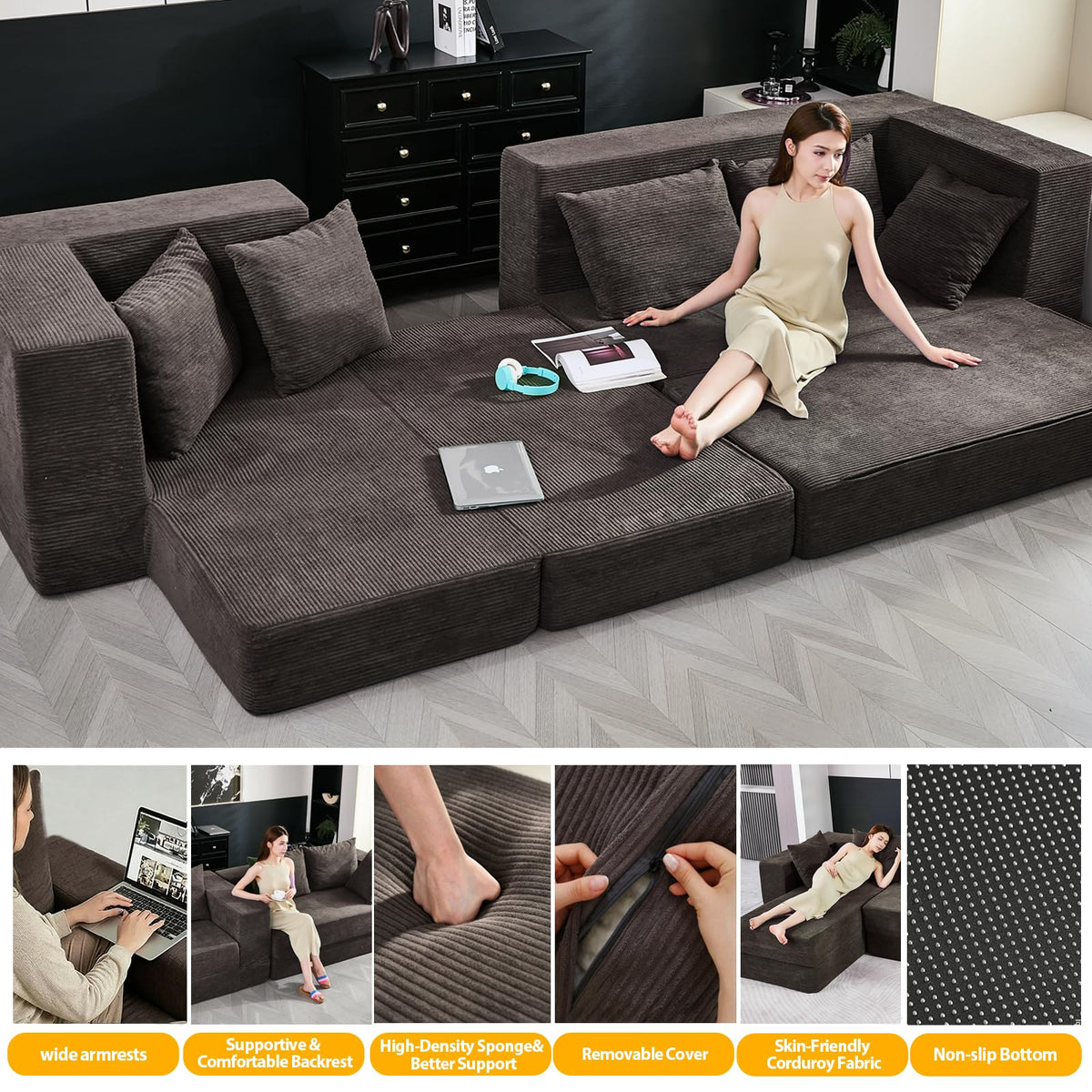 108" Boneless Sectional Chaise Couch, 17.5" Seat Height,Black Grey