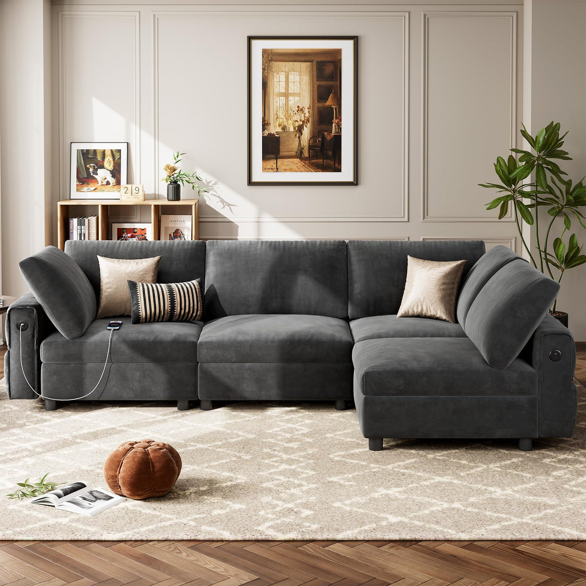 106" L-Shaped Modern Sofa Modular Sectional Cloud Couch with Charging Station, Convertible Sectional Sofa Sleeper Bed with USB/Type-C Port, Removble Chaise Sofa for Living Room, Apartment, Grey Velvet