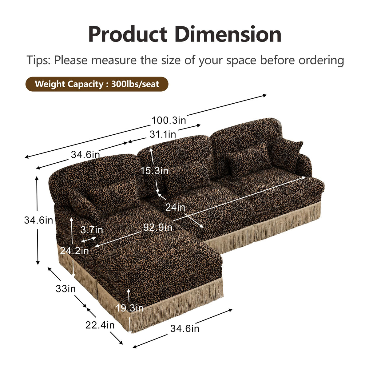 100" L Shaped Sectional Sofa with Ottoman, Chenille Leopard Print Couch