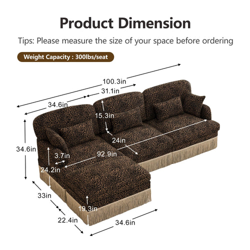 100" L Shaped Sectional Sofa with Ottoman, Chenille Leopard Print Couch