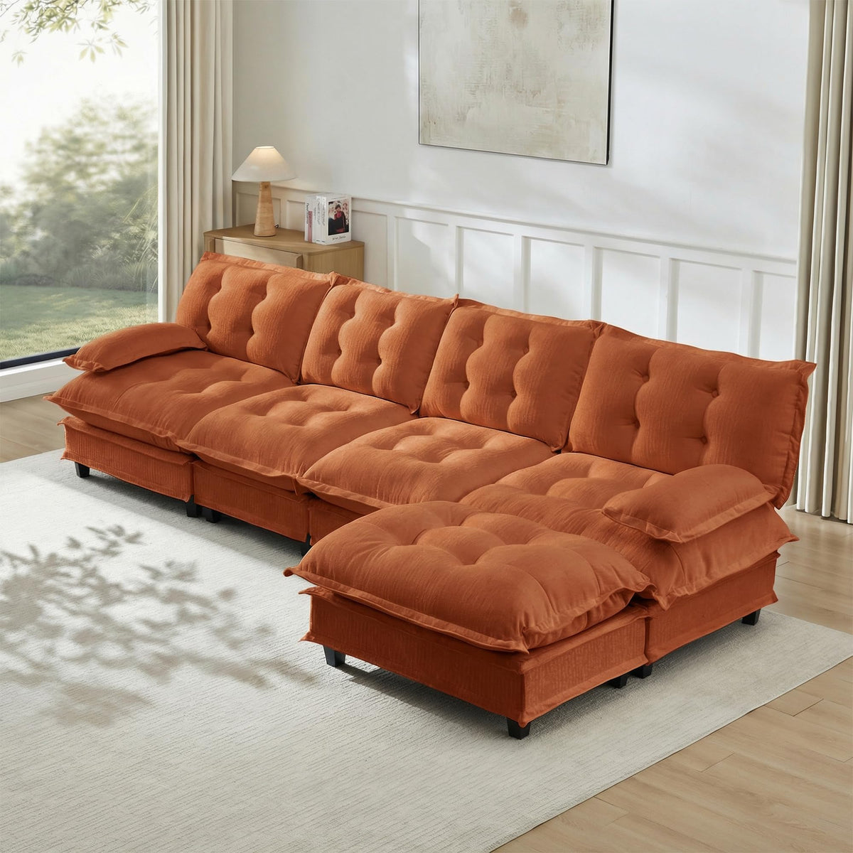 U Shaped Modular Sectional Sofa - 108" Chenille Cloud Deep Seat Couch with Ottoman, 5-Seat Comfy Lattice Decored Seat Cushion for Living Room, Apartment,Light Coffee