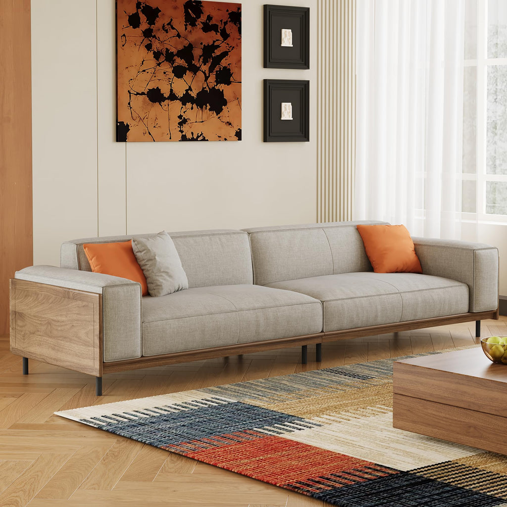 110.24" Mid-Century Modern 4-Seater Sofa, Large Couch with Solid Wood Frame & High-Density Cushions, Upholstered Living Room Sofa for Apartment & Office, Gray
