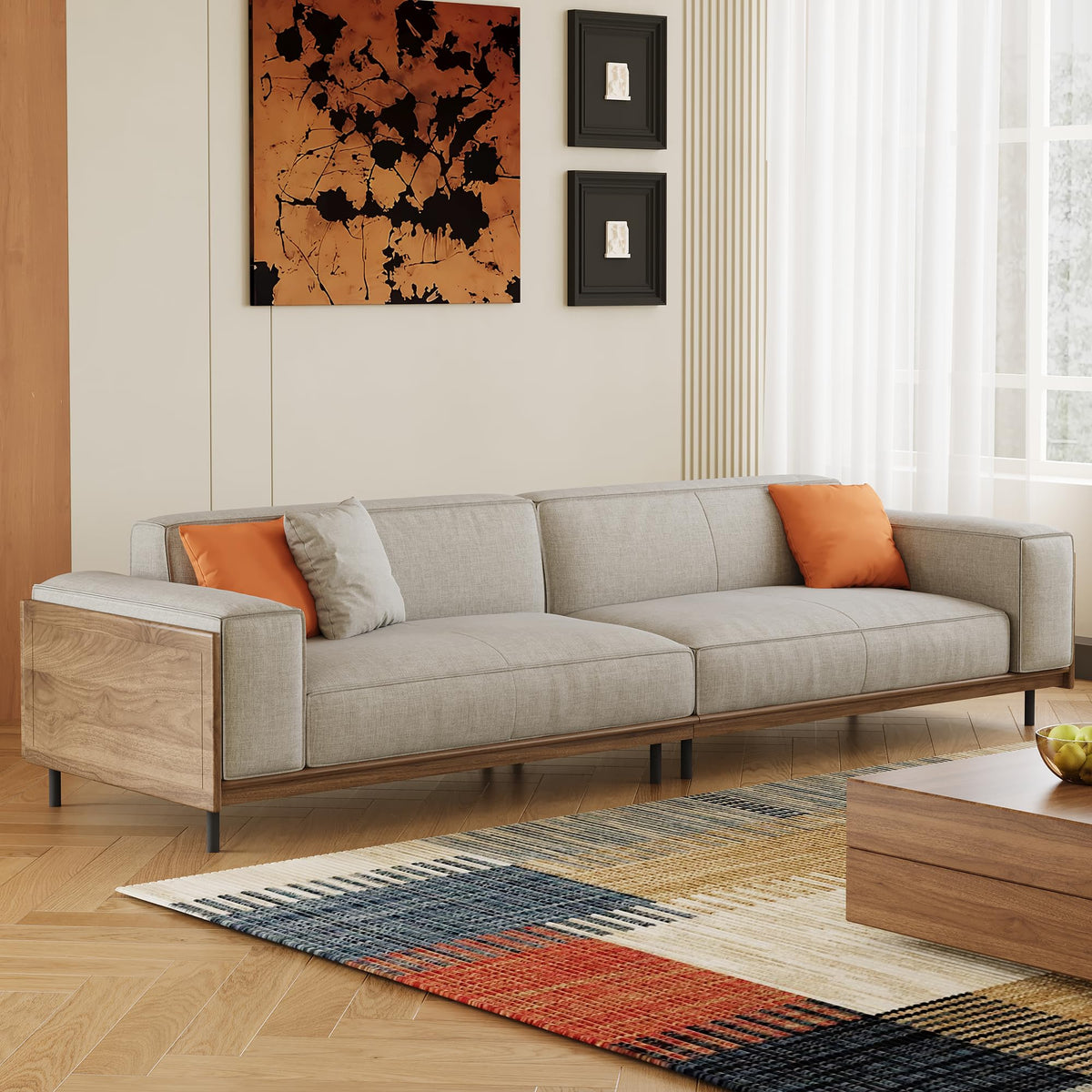 110.24" Mid-Century Modern 4-Seater Sofa, Large Couch with Solid Wood Frame & High-Density Cushions, Upholstered Living Room Sofa for Apartment & Office, Gray