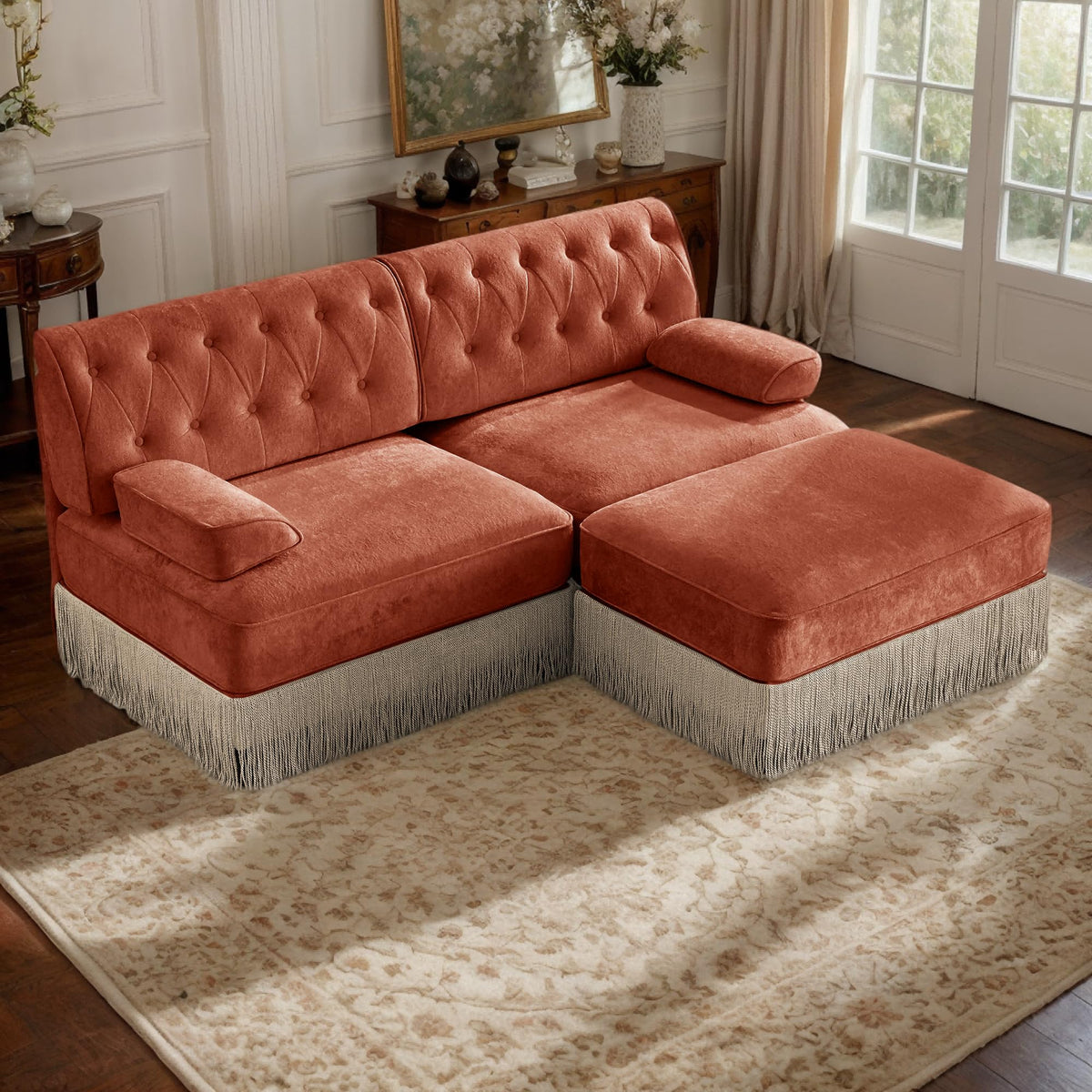106'' Modern Chesterfield Style 3-Seater Sofa with 2 Ottoman, Upholstered Velvet Modular Sectional Sofa with Button Tufted, U Shape Deep Seat Cloud Sectional Couches for Living Room (Green)