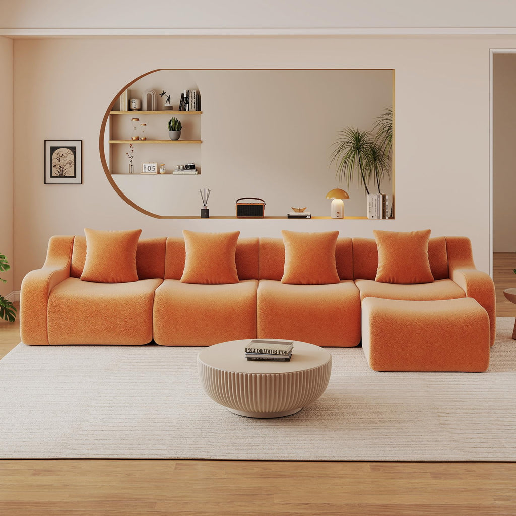 115.3" Modular Sectional Couches for Living Room, Teddy Deep Seat Sofa, 3 Seater Boneless Couch with 2 Ottoman,Orange