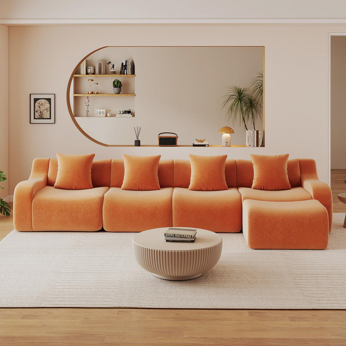 115.3" Modular Sectional Couches for Living Room, Teddy Deep Seat Sofa, 3 Seater Boneless Couch with 2 Ottoman,Orange