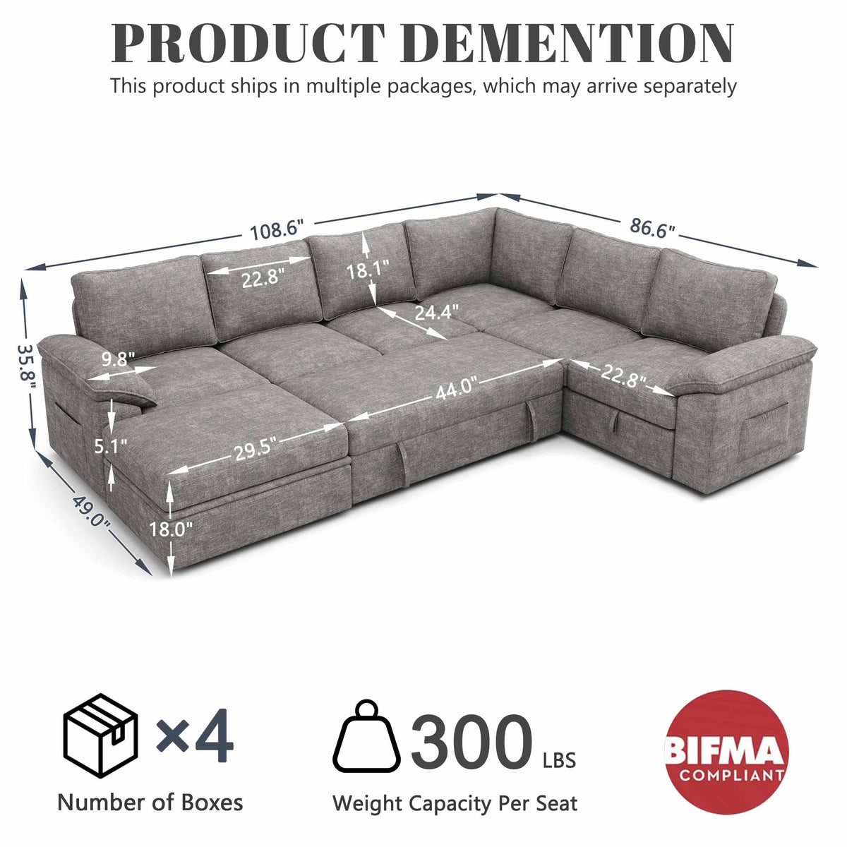 Weture 108" Modular U Shaped Sectional Sofa with Pull Out Sleeper Bed and Storage, 7 Seater Cloud Couch for Living Room, Light Grey