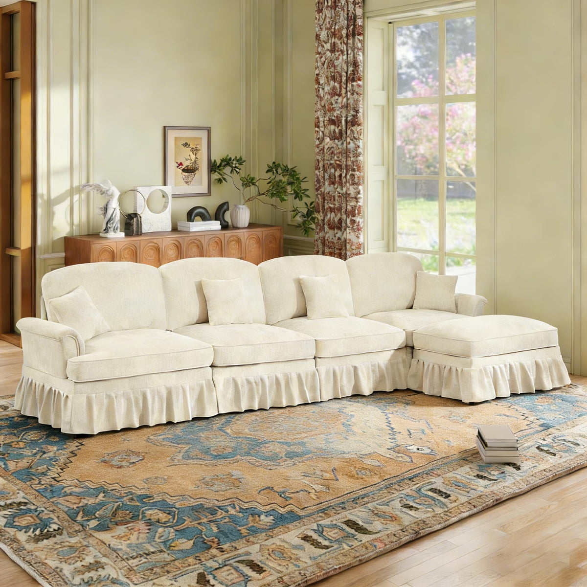 107'' Modern Sectional Sofa, Upholstered U-Shaped Couch with Removable Ruffles Pleats Skirts, Silver Chenille Cloud Couch, Ottoman, Flared Arms, 4-Seat Couches for Living Room, Bedroom, Camel