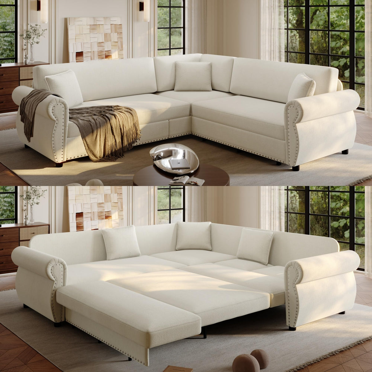 118" Sleeper Sofa Bed, Sectional Couches for Living Room/Apartment, Chenille L Shaped Couch with Pull Out Couch Bed, Convertible Sectional Sofa with Rolled Arm & Nailhead Trim, Green
