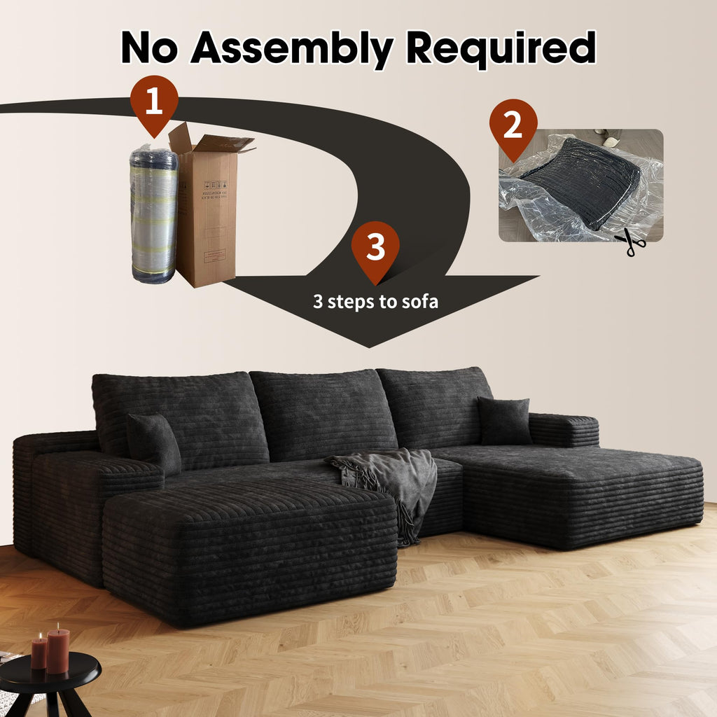 107" Plush Corduroy Deep Seat Chaise Lounge Indoo, Modern Boneless Compressed Floor Sectional Sofa with High-Resilience Foam, Free Combination Modular Cloud Sectional Sofa for Living Room, Black