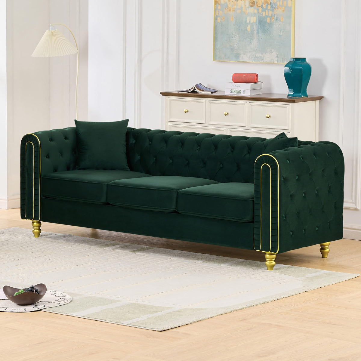 Velvet Chesterfield Sofa Set of 2, Mid Century Modern Deep Seat Loveseat + 3 Seater Couch with Golden Legs and Button Tufted, Upholstered Comfy Sofa with 2 Pillows for Living Room, Black Gold