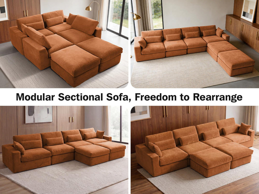 WEUP 160" Oversized Modular Sectional Sofa, Boneless Couch for Living Room, Modern Comfy U Shaped Cloud Couch Sectional with Movable Ottoman, Lumbar Pillows, 26.8" Extra Deep Seat, Terracotta Orange
