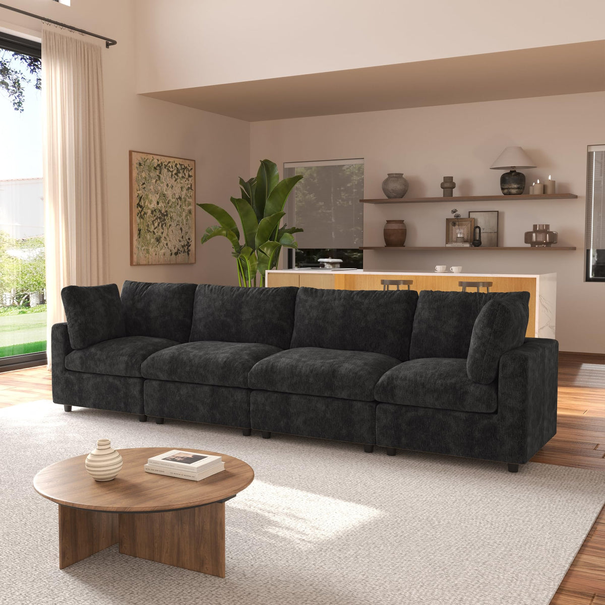 120" Cloud Couch Chenille Sectional Sofa for Livingroom Beige