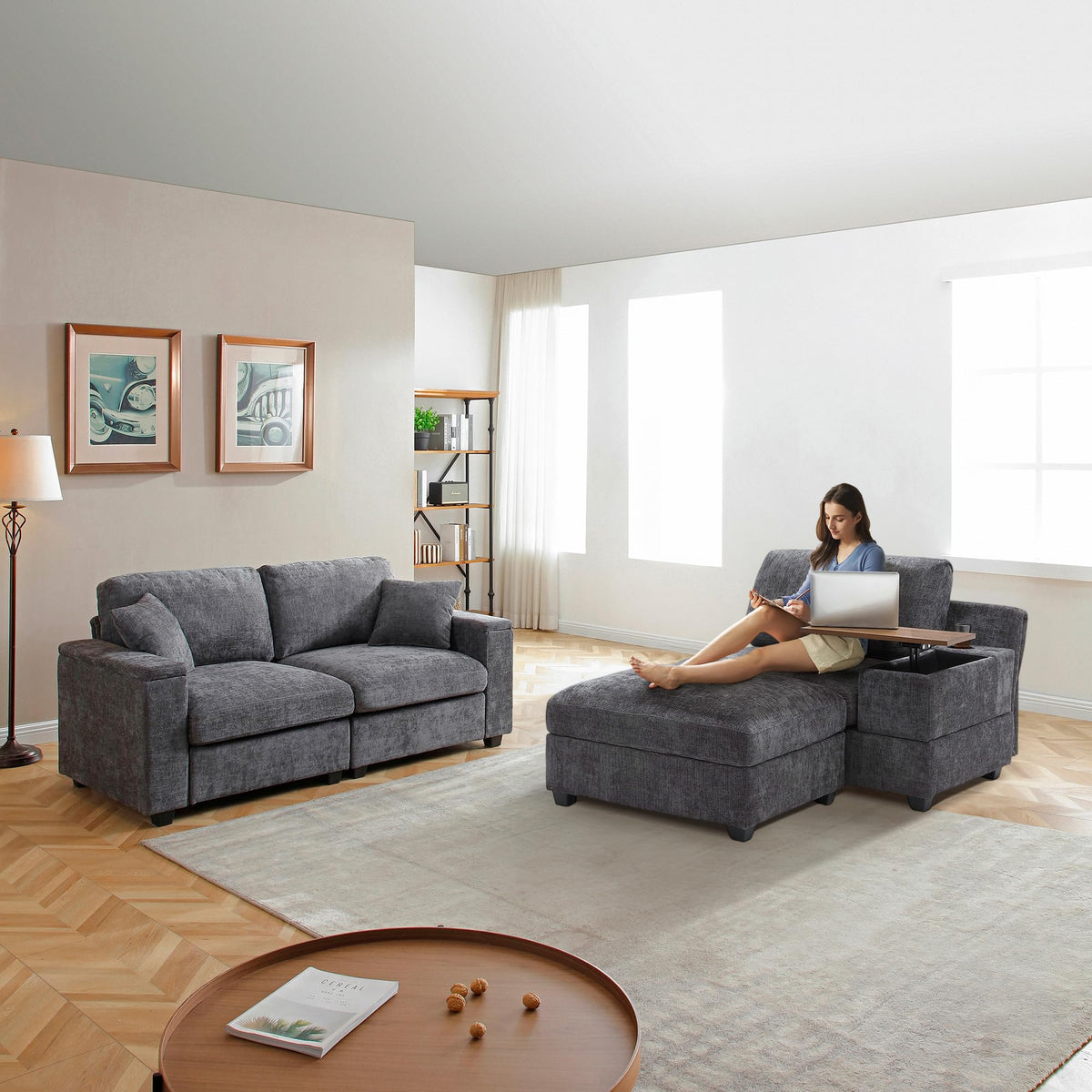 120.3" L-Shaped Sectional Sofa with Storage Ottoman, Oversized Comfy Couch with USB Port, Side Storage, Cup Holder & 360°Swivel Drop-Down Table, Sectional Couches for Living Room (Gray, 120.3")