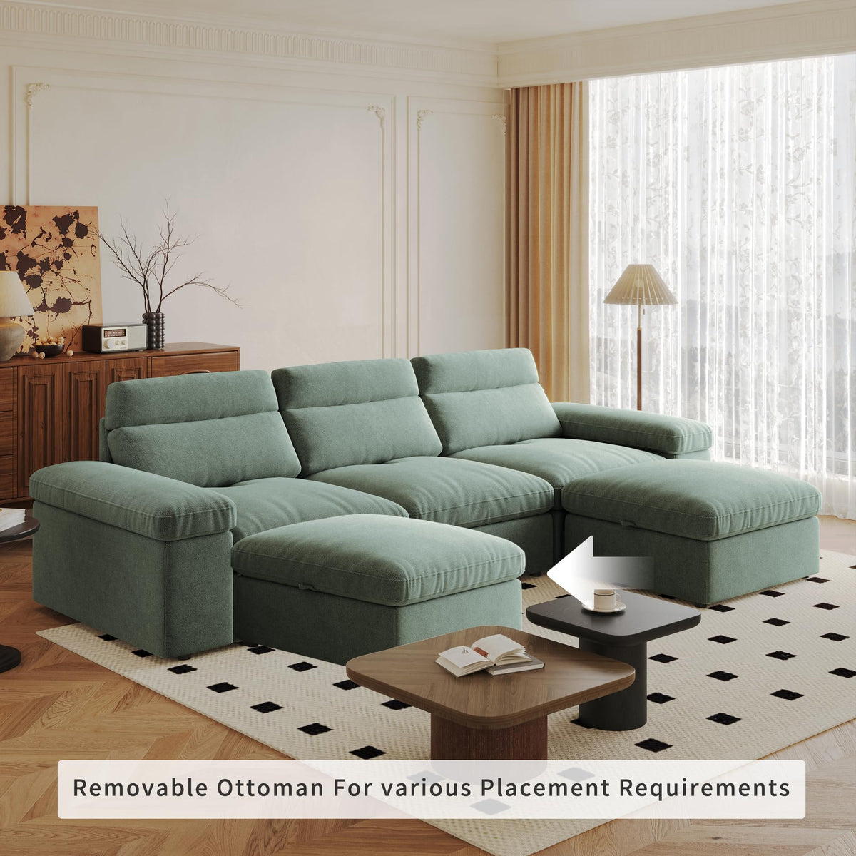 This Simple Modular Sofa is Made of Down and Linen, with a backrest That can be Adjusted Backward. It is Soft and Comfortable, has Storage Space, and is Suitable for Both Living Rooms and bedrooms