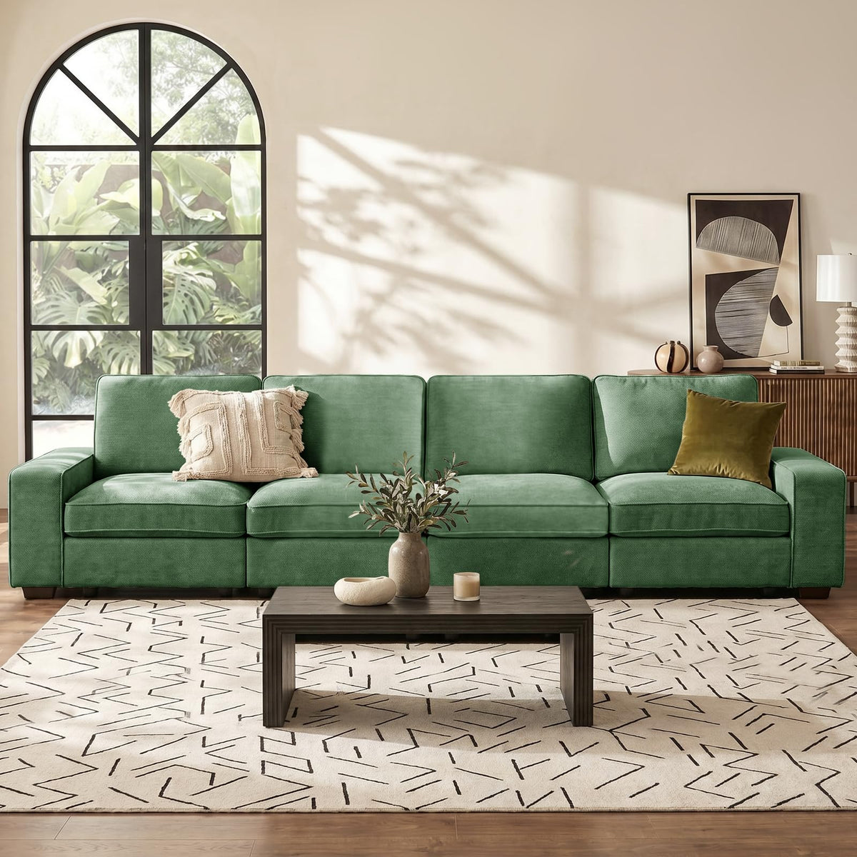 128" Modular Long Sofa with Full Seats Storage, 4-Seater Chenille Sofa Couch for Living Room, USB Charging, Solid Wood Frame, Wide Armrest, Side Pocket, Deep Seat, Comfy Spring Cushion (Green)