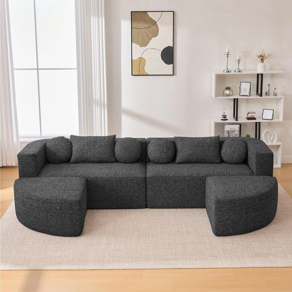 114.9" Modular Sectional Sofa with 4 Round Throw Pillows and 2 Bolster-Style Cushions Free-Combined Curved Design Boneless Bed Couch with Deep Seating for Living Room, Black