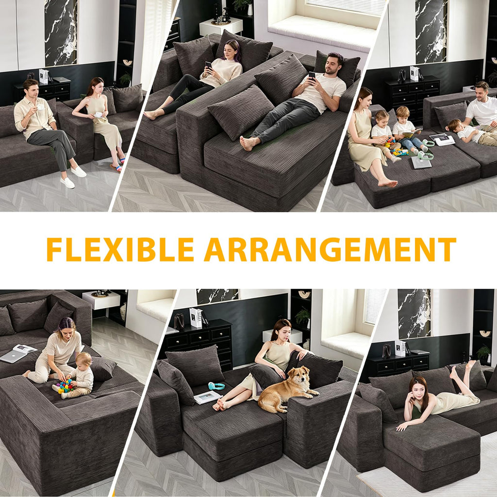 108" Boneless Sectional Chaise Couch, 17.5" Seat Height,Black Grey