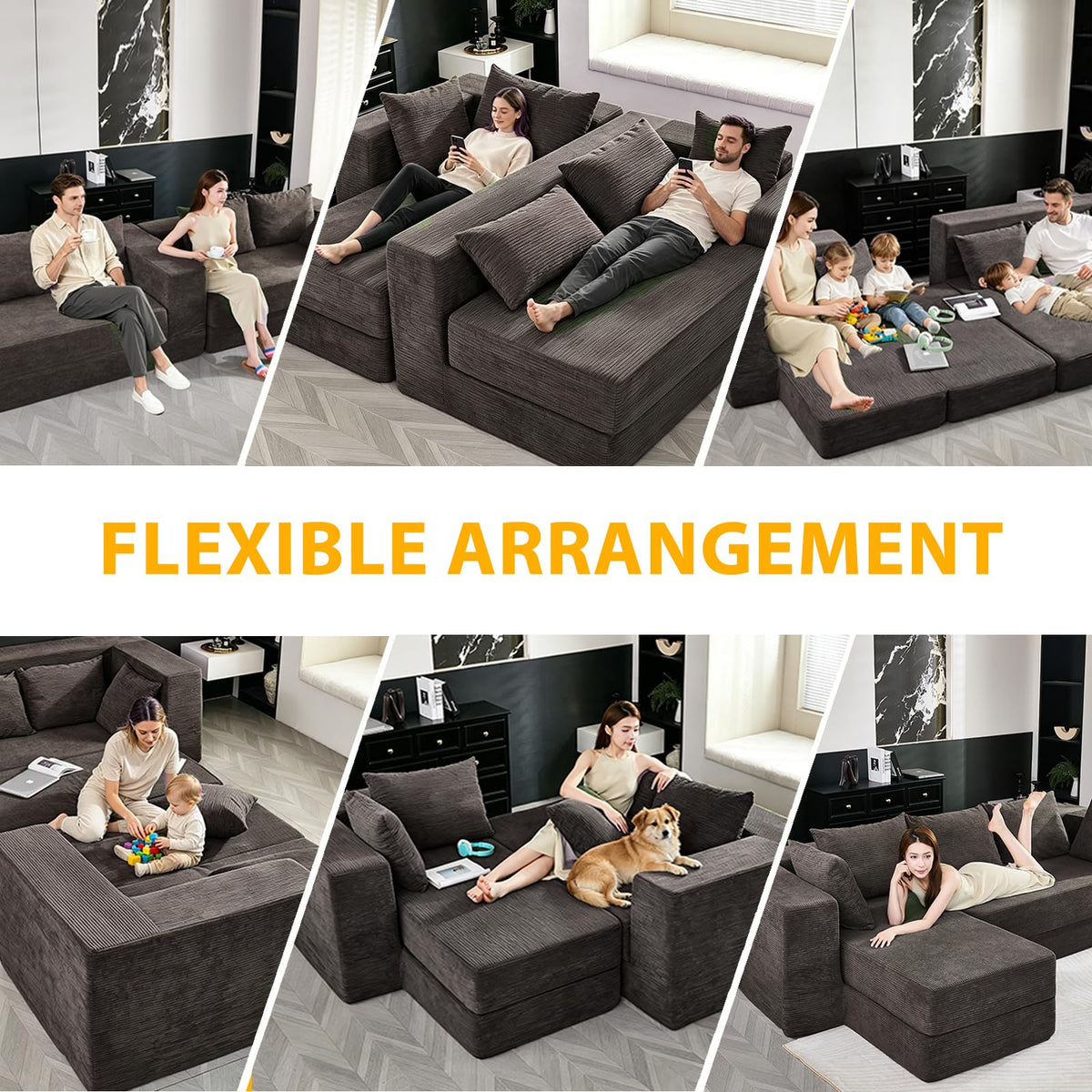 108" Boneless Sectional Chaise Couch, 17.5" Seat Height,Black Grey