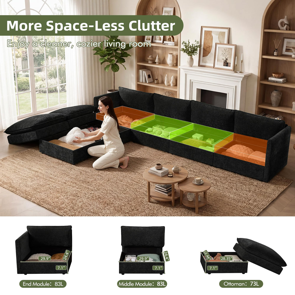 WorthFurni Modular Sectional Sofa with Storage Ottomans,135" U-Shaped Cloud Couch,Comfy Modern Couches with Pillows & Upholstered Deep Seat Cushion for Apartment Living Room Bedroom（Black）