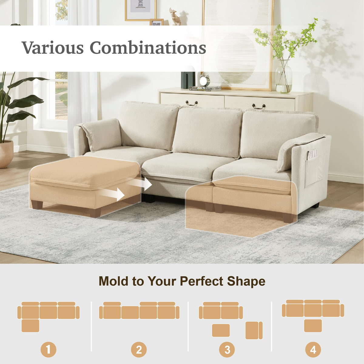 VidaNaticle 95" Boneless Modular Sectional Cloud Couch, Beige