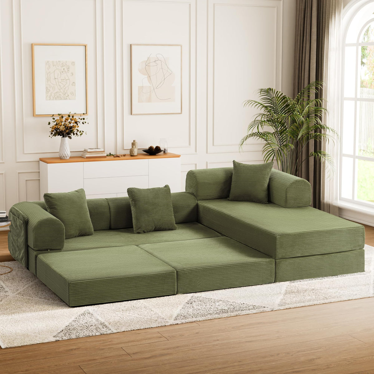 106.3" Modular Sectional Sleeper Sofa with Metal Frame, Green