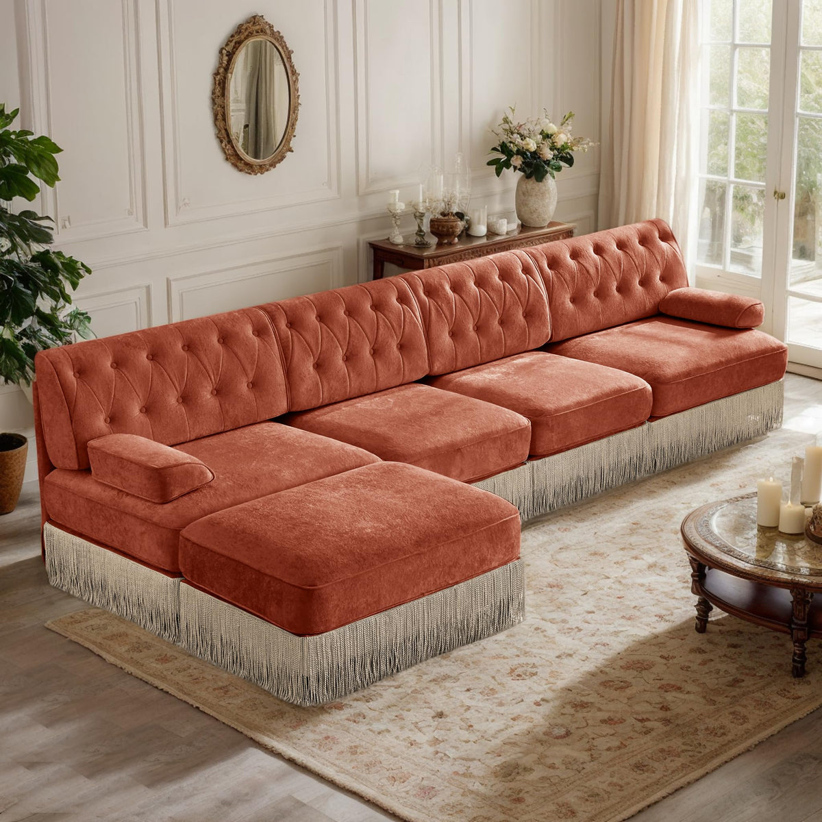 106'' Modern Chesterfield Style 3-Seater Sofa with 2 Ottoman, Upholstered Velvet Modular Sectional Sofa with Button Tufted, U Shape Deep Seat Cloud Sectional Couches for Living Room (Green)
