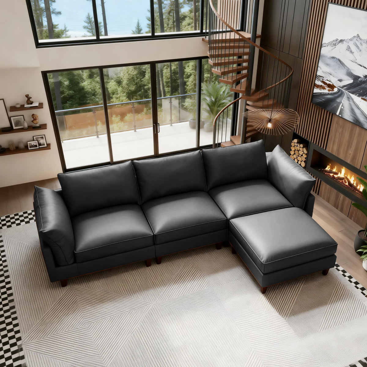 126" L Shaped Faux Leather Couch with Deep Seat for Living Room, Grey