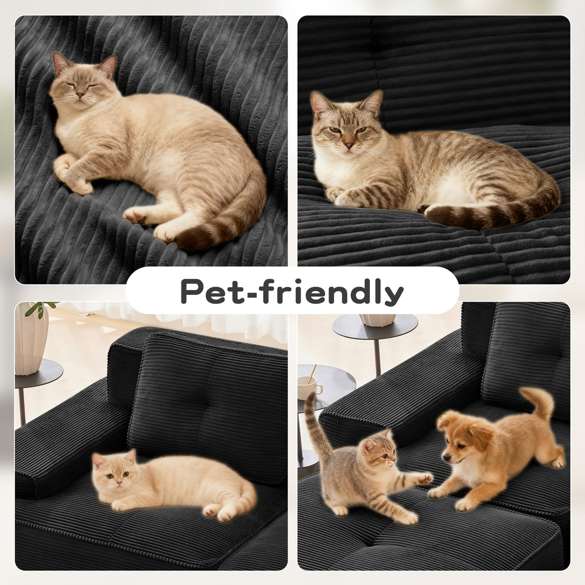 Tidyard 15? Modern L-Shaped Modular Sectional Sofa for Living Room, Corduroy Fabric 4-Seater Couch with Deep Seat, Movable Ottoman, Tufted Design, No Assembly, Anti-Slip Base, Black