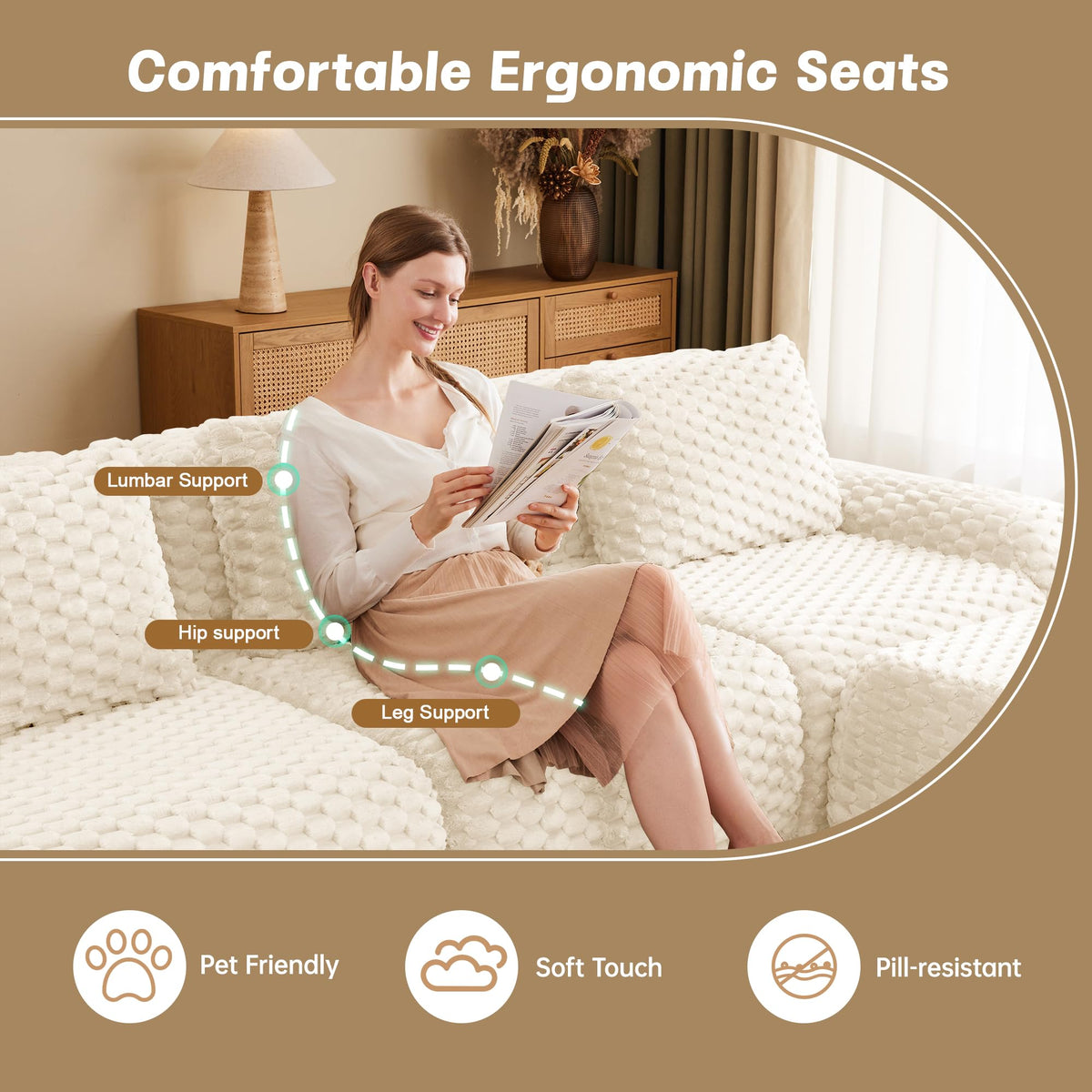 114" Modular Sectional Sofa for Living Room,Flannelette Fabric,Oversized 3 Seater Couch,Boneless Sofa,Deep Seat,Buckle Connection,Anti Slip Design,No Assembly,Cream