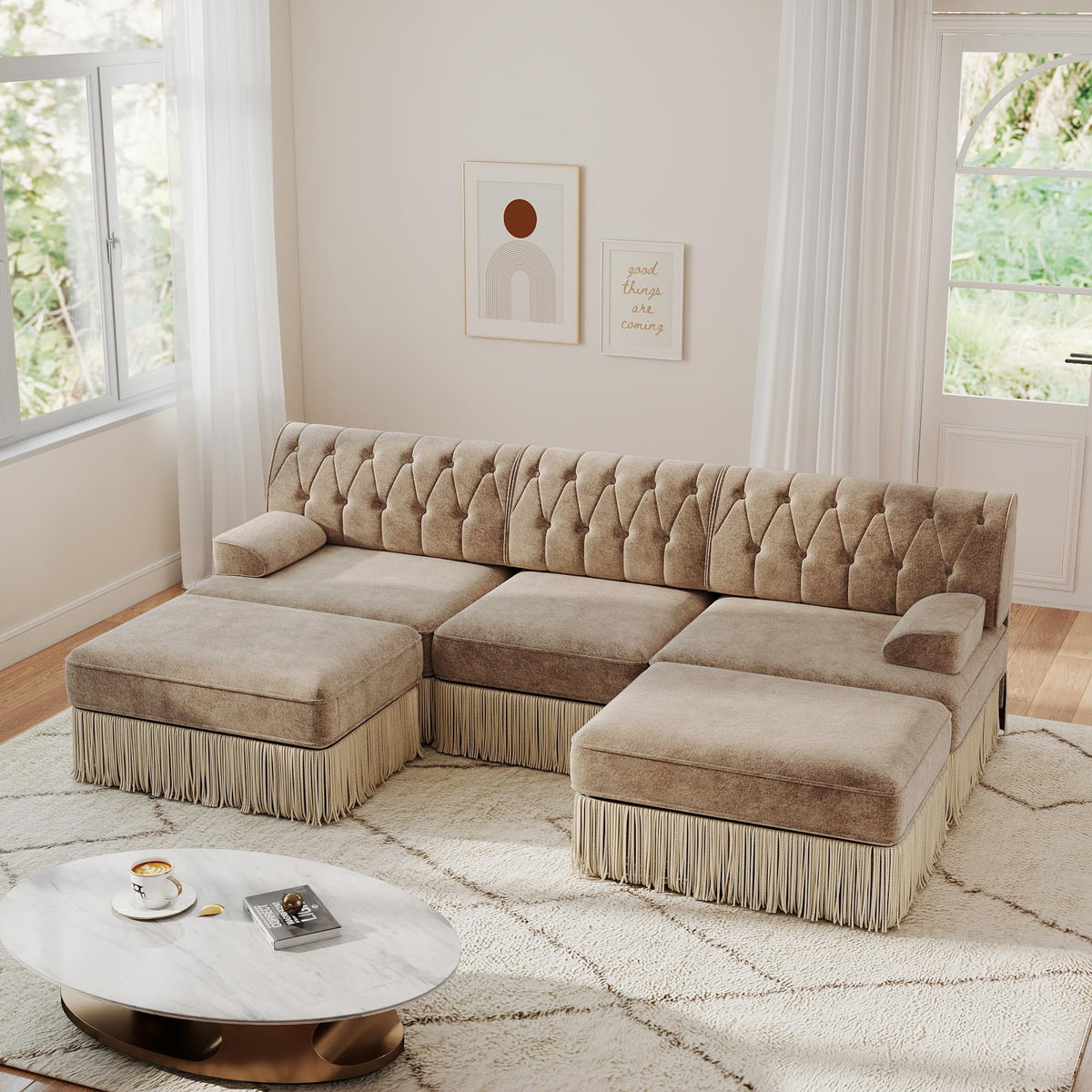 Unique Chesterfield Style Modular Sectional Sofa, 135.6” L-shaped Boneless Sofa with Velvet Fabric, Floor-grazing Tassel Fringe Skirt and Button Tufted Design for Living Room, Easy to Assemble, Beige