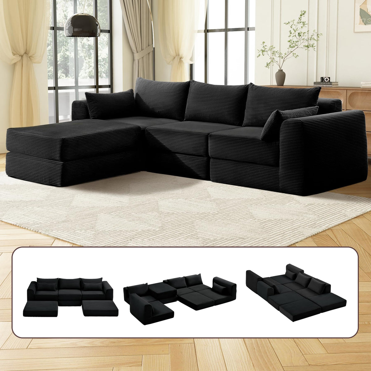 130 Inch Modular Cloud Sectional Sofa, 6 Seater Freely Combined Convertible Sofa with Ottoman, No Installation Compressed Floor Sofa, Soft Memory Foam Cushion for Living Room Apartment, Black