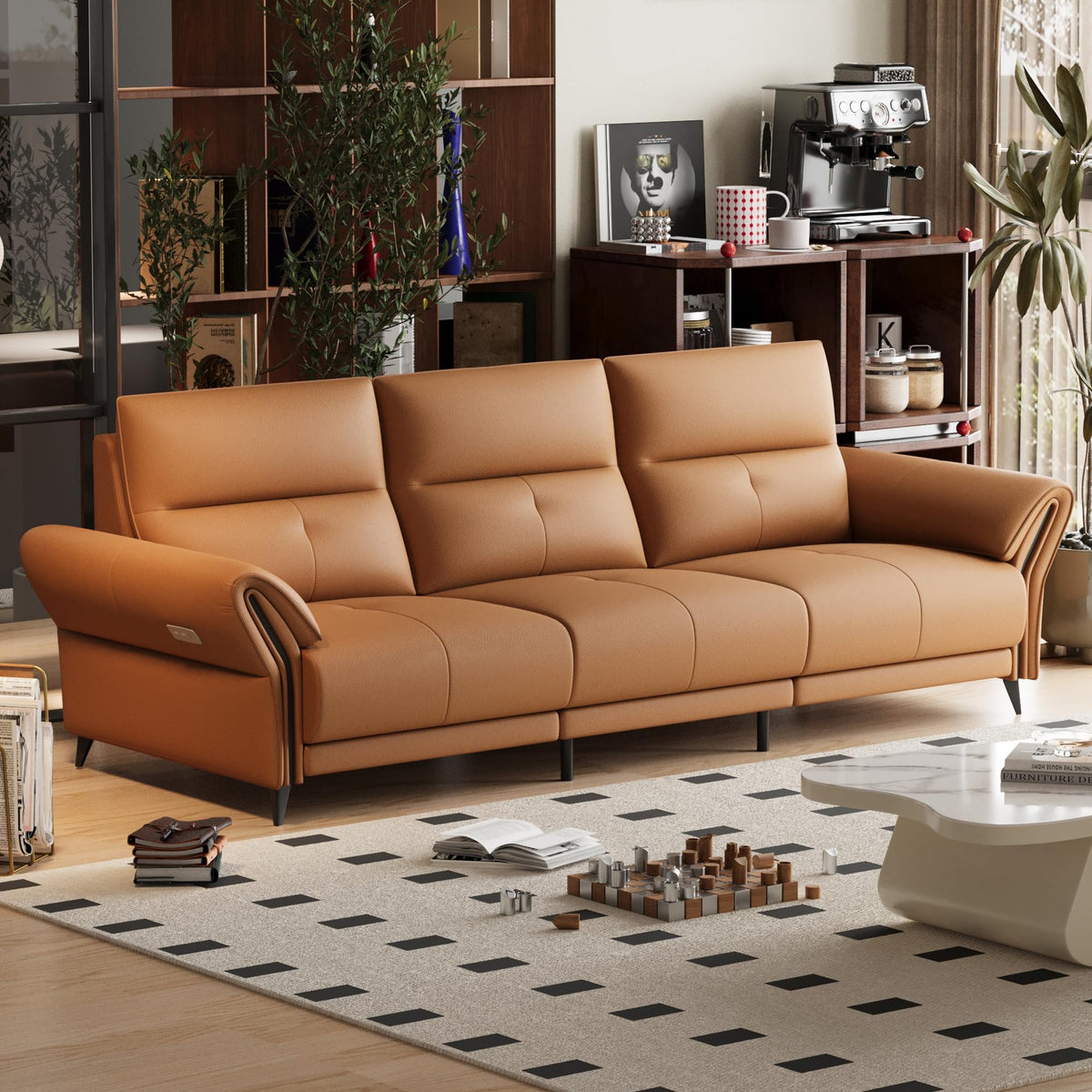 112.5" Orange Leather 3-Seat Power Recliner Sofa Dual Motor