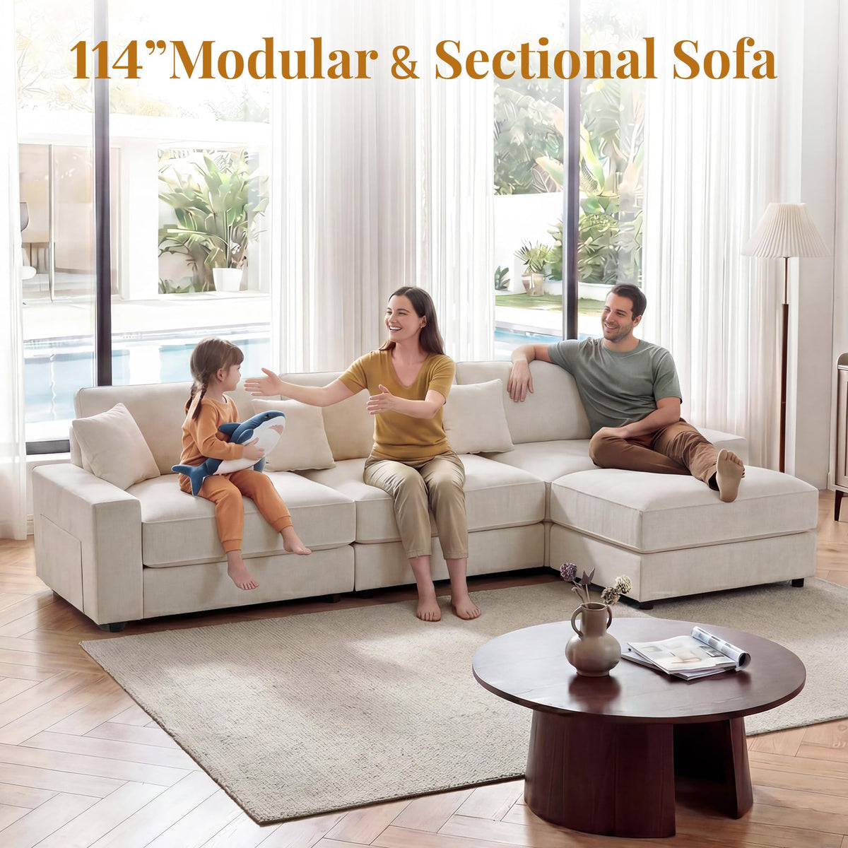 Vipbear 114" Modular Sectional L Shaped Sofa Couches,for Living Room,Oversized Cloud Couch with Movable Ottoman,Comfy Chenille Sofa with Pillow,Side Pockets,Bedroom,Apartment,Beige
