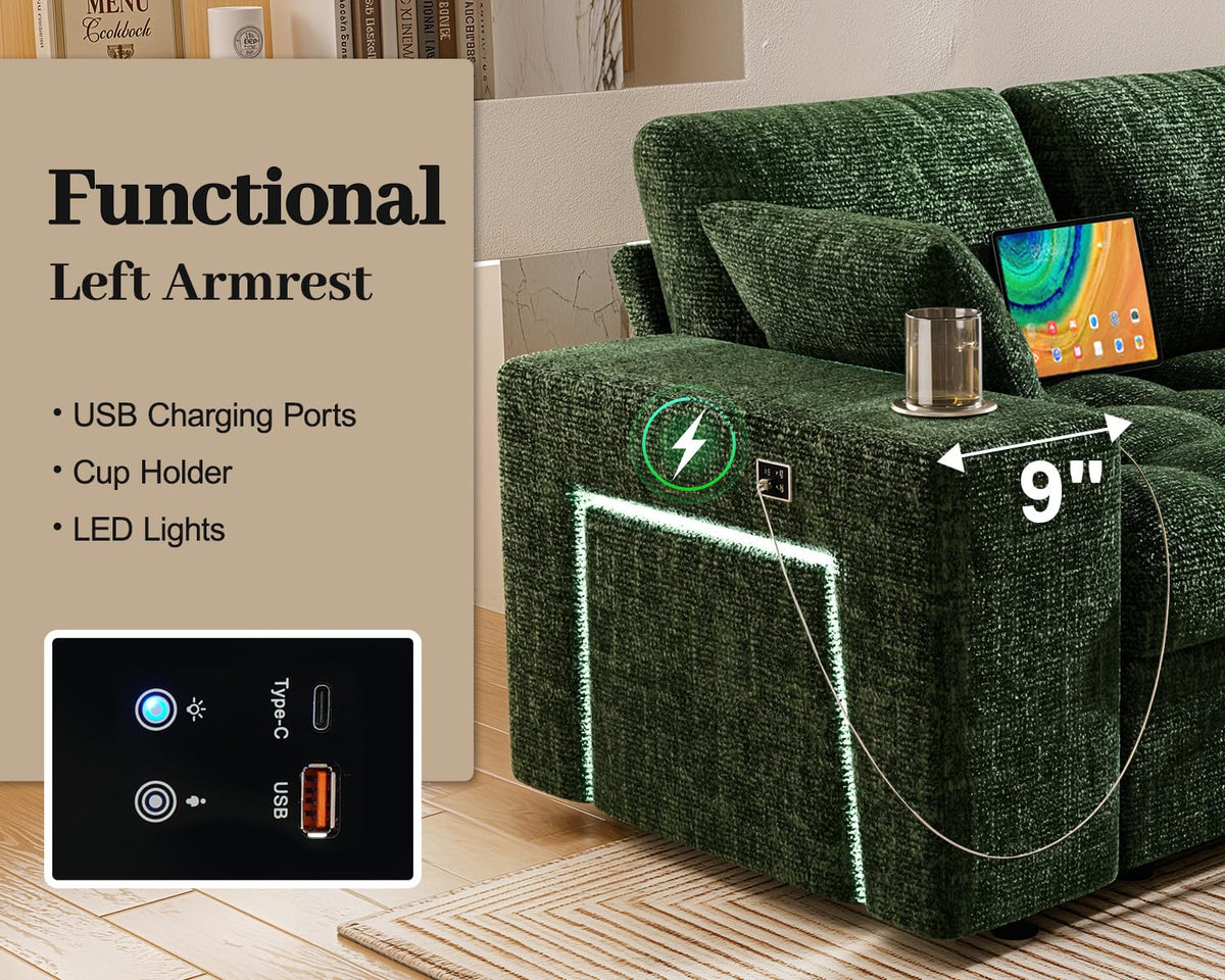 Vipbear 111" Sofa Bed, 7 Seat Modular Sectional Sleeper Sofa with Pull Out Bed, Chenille L Shaped Couch with Storage Ottoman|Cup Holders|Side Table|LED Light|USB Ports, Easy Assembly, Green