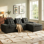106" Cloud Sectional Couch with L-Shape Chaise & Ottoman, No Assembly Modular Sofa, Deep Seat Plush Corduroy Boneless Couched for Living Room (Black Plush Corduroy, L Shape with Ottoman-Left Facing)