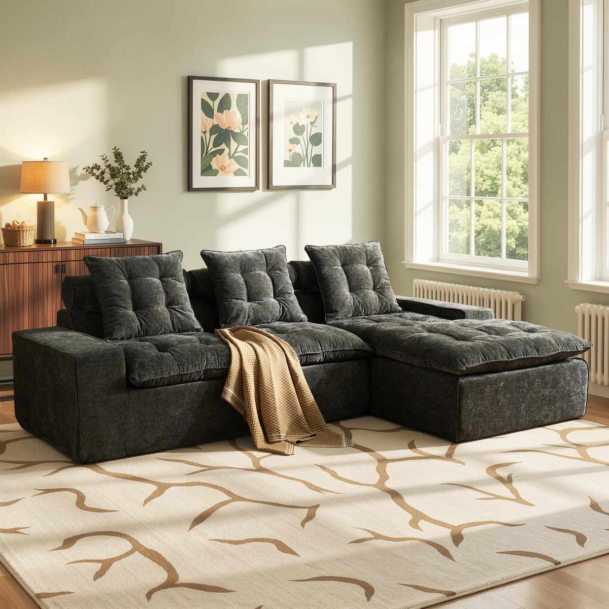 106" Cloud Sectional Couch with L-Shape Chaise & Ottoman, No Assembly Modular Sofa, Deep Seat Plush Corduroy Boneless Couched for Living Room (Black Plush Corduroy, L Shape with Ottoman-Left Facing)