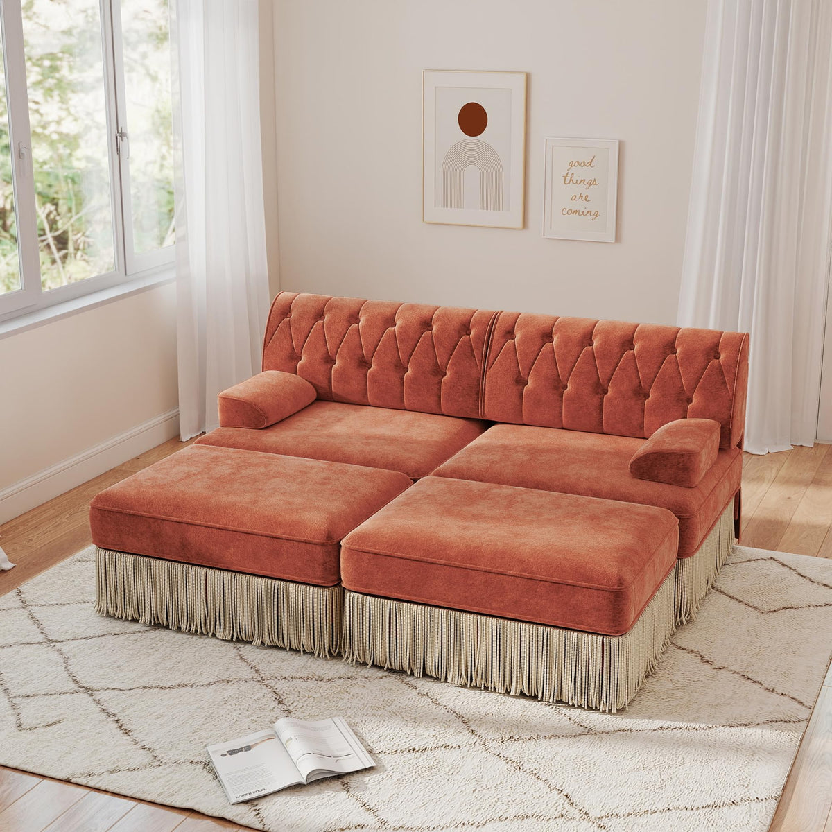 Unique Chesterfield Style Modular Sectional Sofa, 135.6” L-shaped Boneless Sofa with Velvet Fabric, Floor-grazing Tassel Fringe Skirt and Button Tufted Design for Living Room, Easy to Assemble, Beige